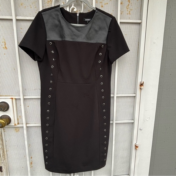 DKNY dress 14 S/S visible back zip faux leather neck area button accent stretch - Picture 1 of 8